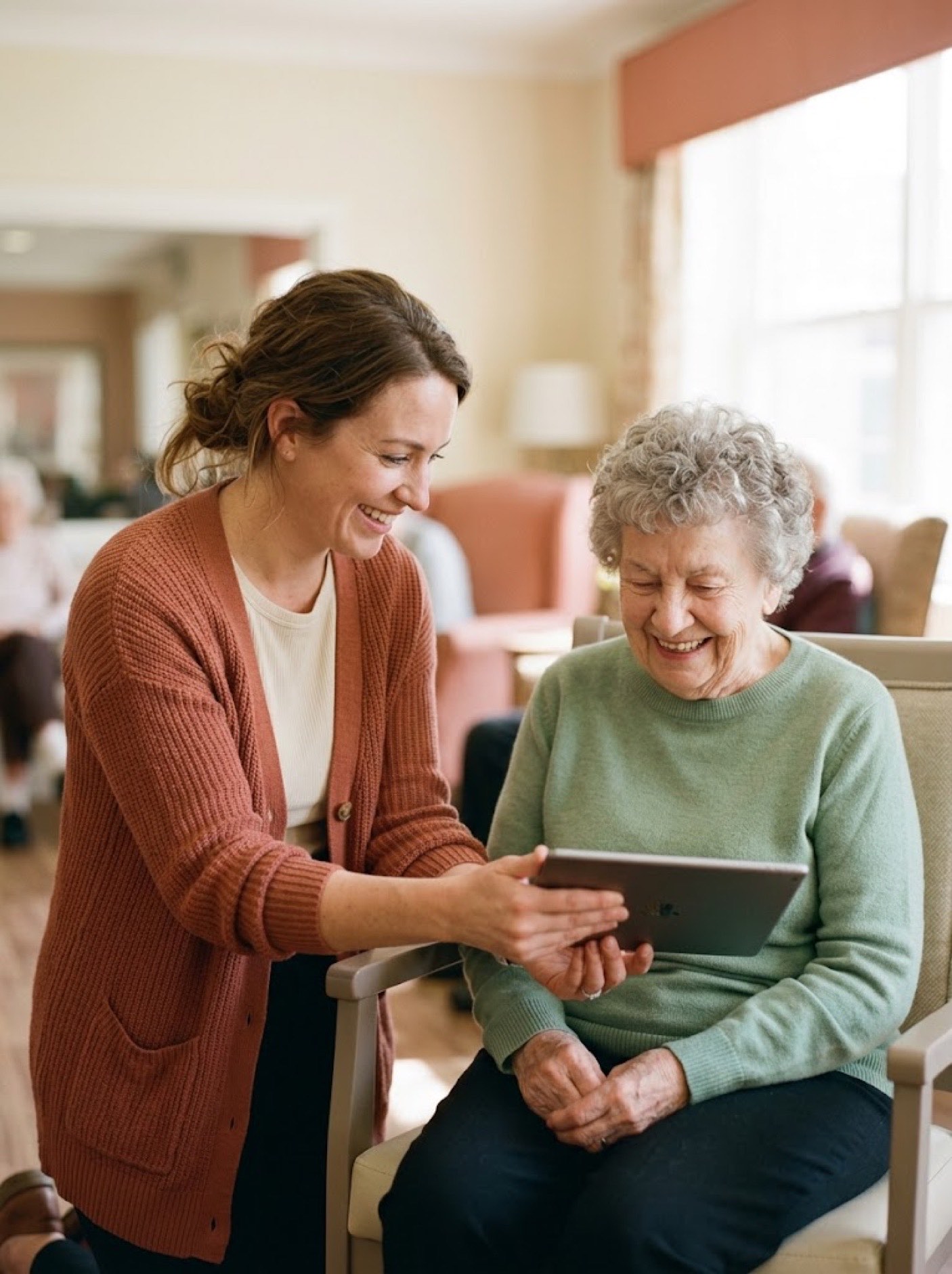 An activities director showing a member her Kinectyd tablet