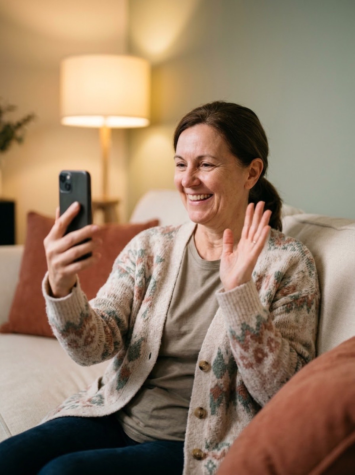 A daughter waving during a video call with her mother