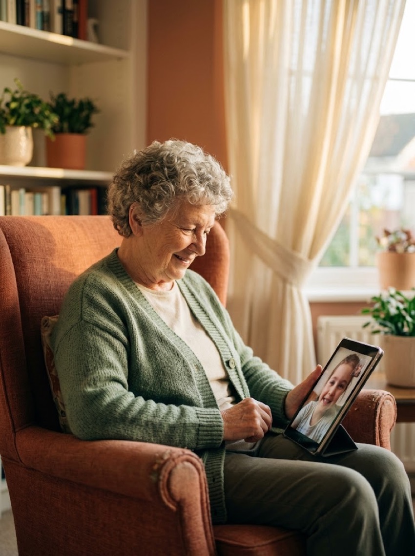 A grandmother smiling at her grandchild on a video call
